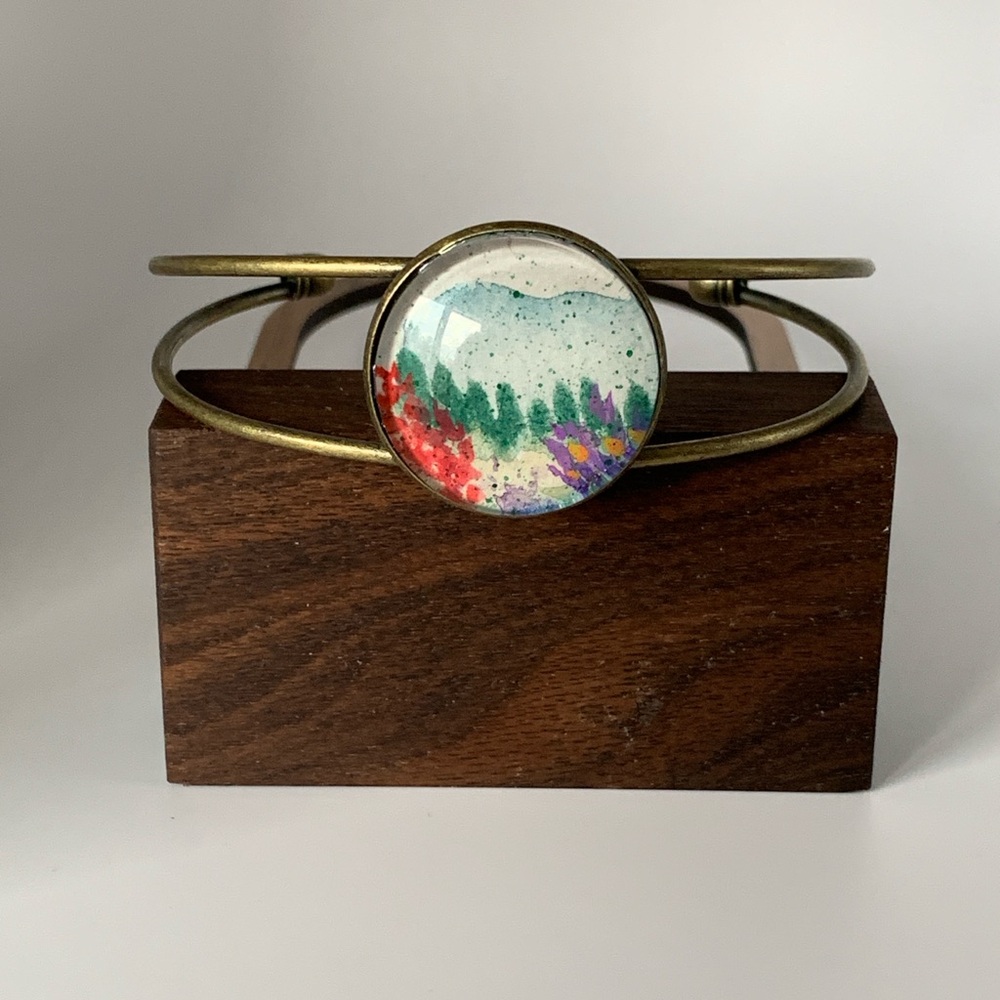 Antique Gold Tone Cuff Bracelet with Original Watercolor Landscape Design